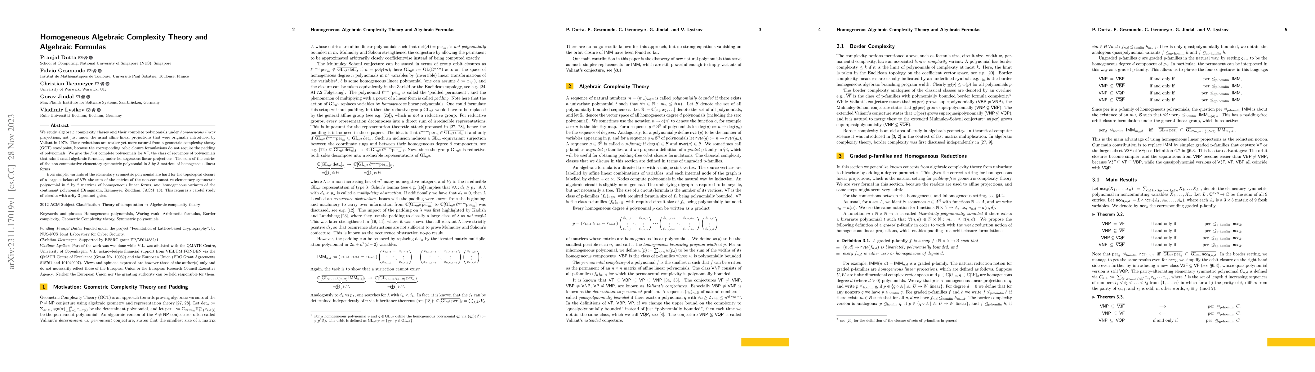 Thumbnail for Homogeneous Algebraic Complexity Theory and Algebraic Formulas