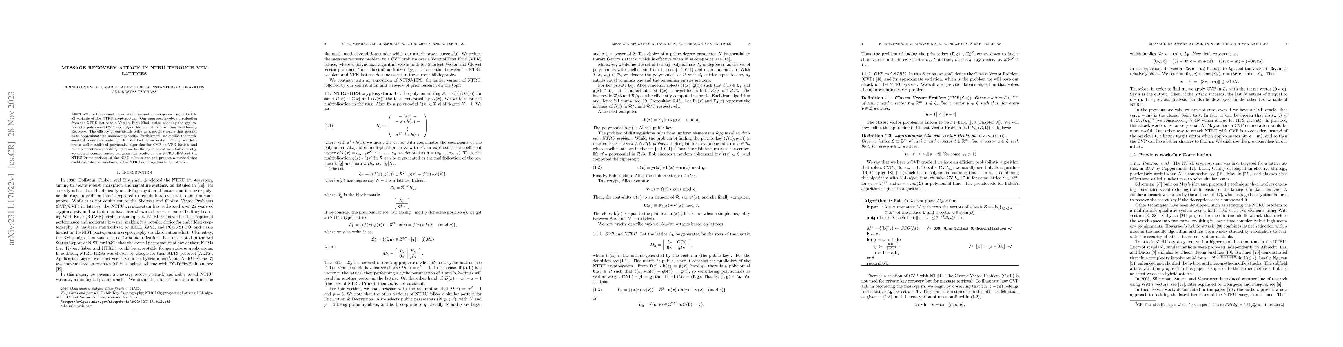 Thumbnail for Message Recovery Attack in NTRU through VFK Lattices
