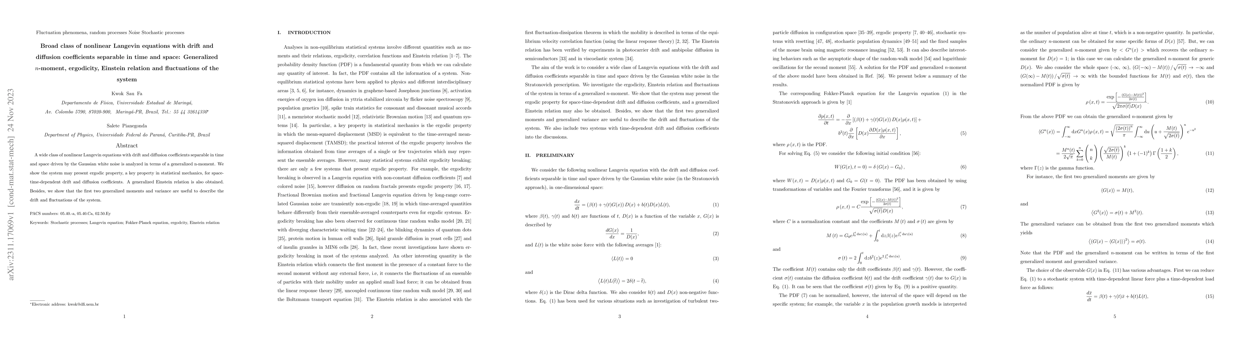 Thumbnail for Broad class of nonlinear Langevin equations with drift and diffusion
  cofficients separable in time and space: Generalized n-moment, ergodicity,
  Einstein relation and fluctuations of the system