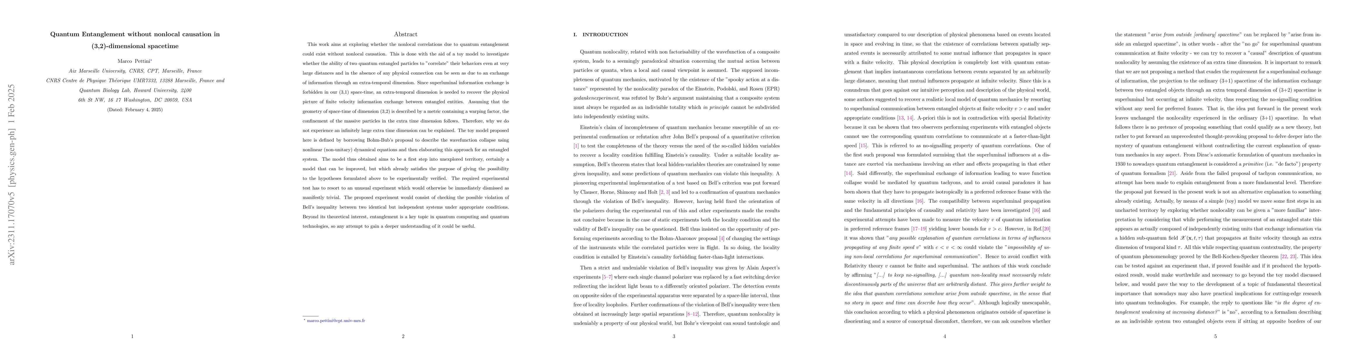 Thumbnail for Quantum Entanglement without nonlocal causation in (3,2)-dimensional
  spacetime