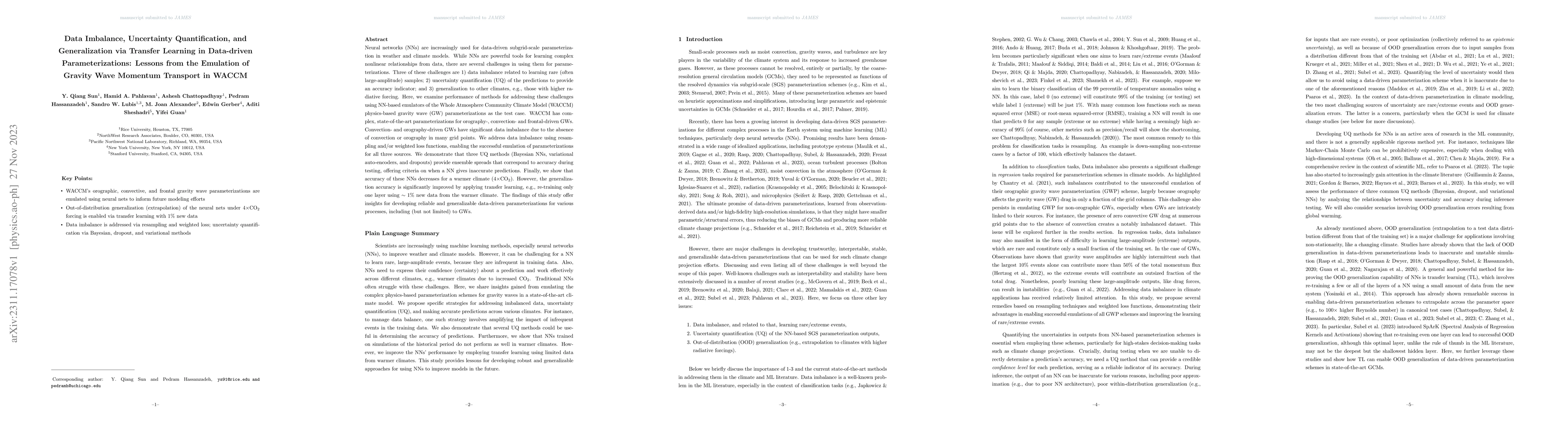 Thumbnail for Data Imbalance, Uncertainty Quantification, and Generalization via
  Transfer Learning in Data-driven Parameterizations: Lessons from the
  Emulation of Gravity Wave Momentum Transport in WACCM