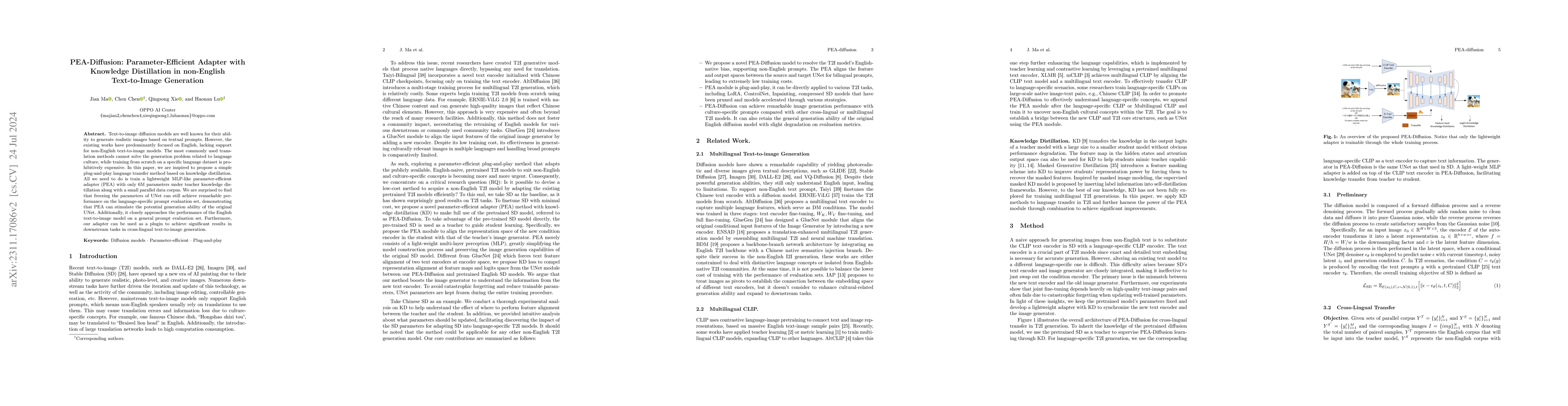Thumbnail for PEA-Diffusion: Parameter-Efficient Adapter with Knowledge Distillation
  in non-English Text-to-Image Generation