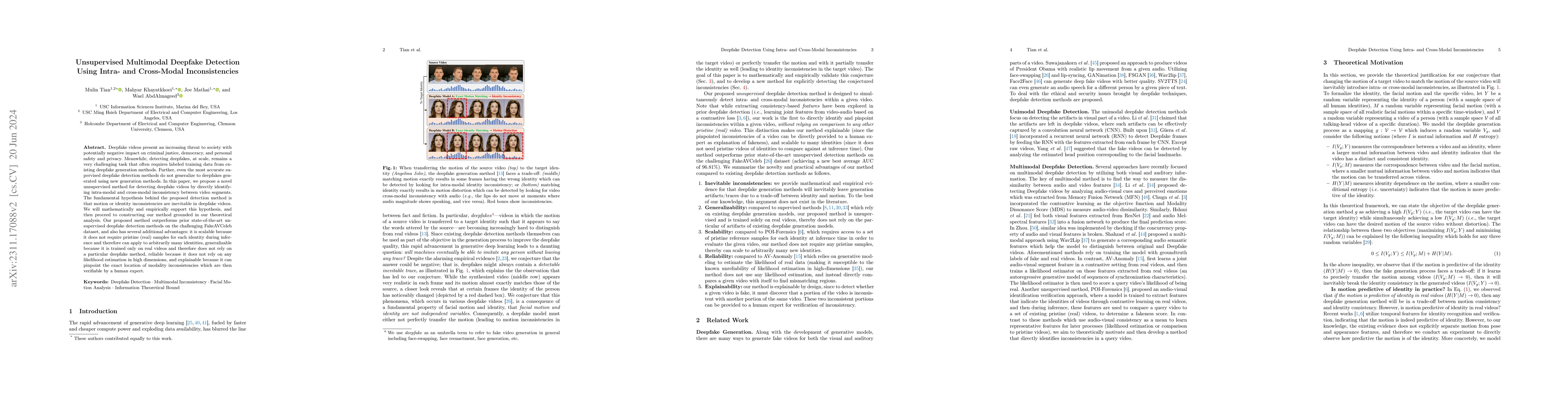 Thumbnail for Unsupervised Multimodal Deepfake Detection Using Intra- and Cross-Modal
  Inconsistencies