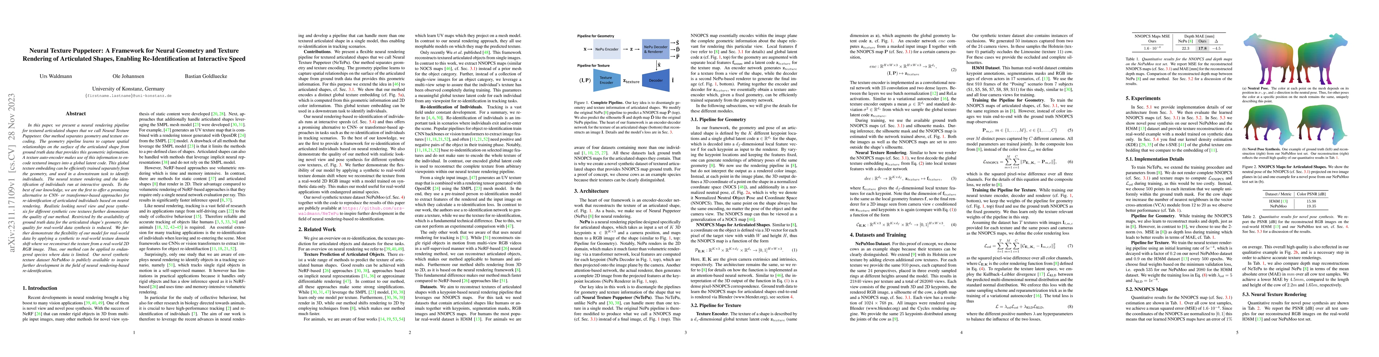Thumbnail for Neural Texture Puppeteer: A Framework for Neural Geometry and Texture
  Rendering of Articulated Shapes, Enabling Re-Identification at Interactive
  Speed