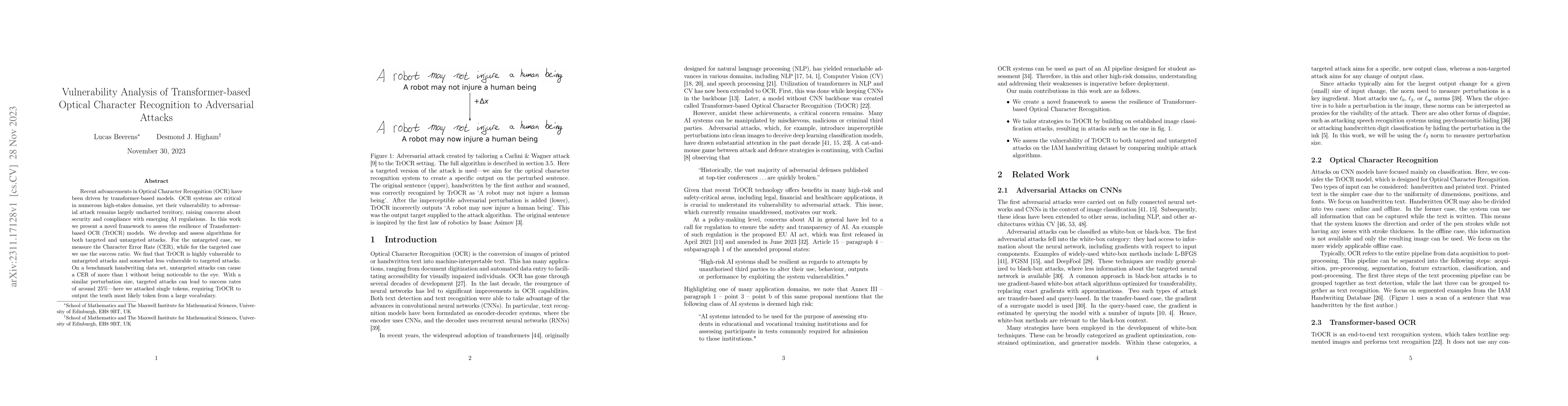 Thumbnail for Vulnerability Analysis of Transformer-based Optical Character
  Recognition to Adversarial Attacks