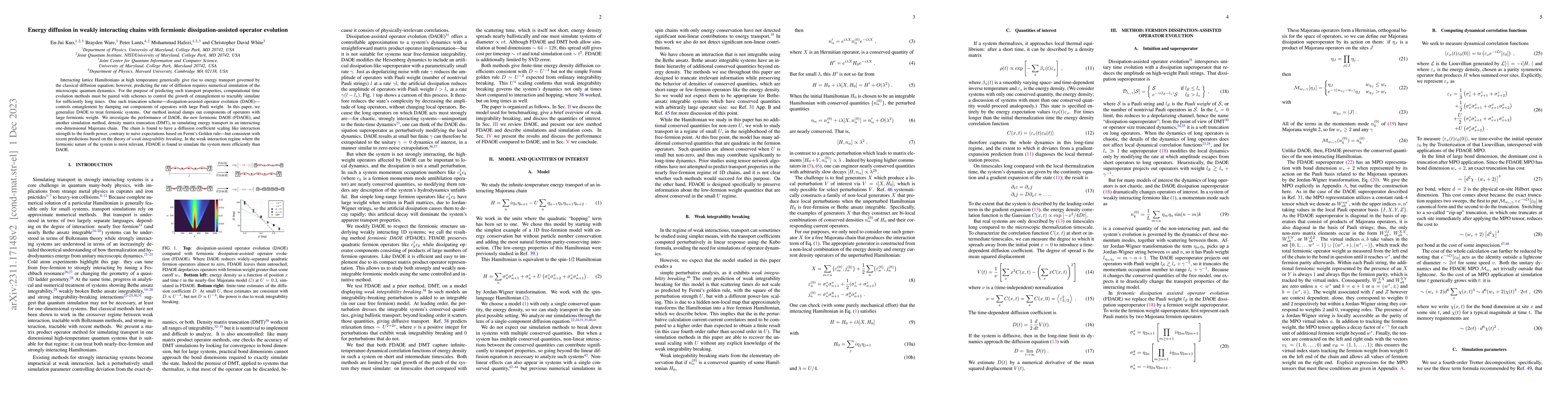 Thumbnail for Energy diffusion in weakly interacting chains with fermionic
  dissipation-assisted operator evolution