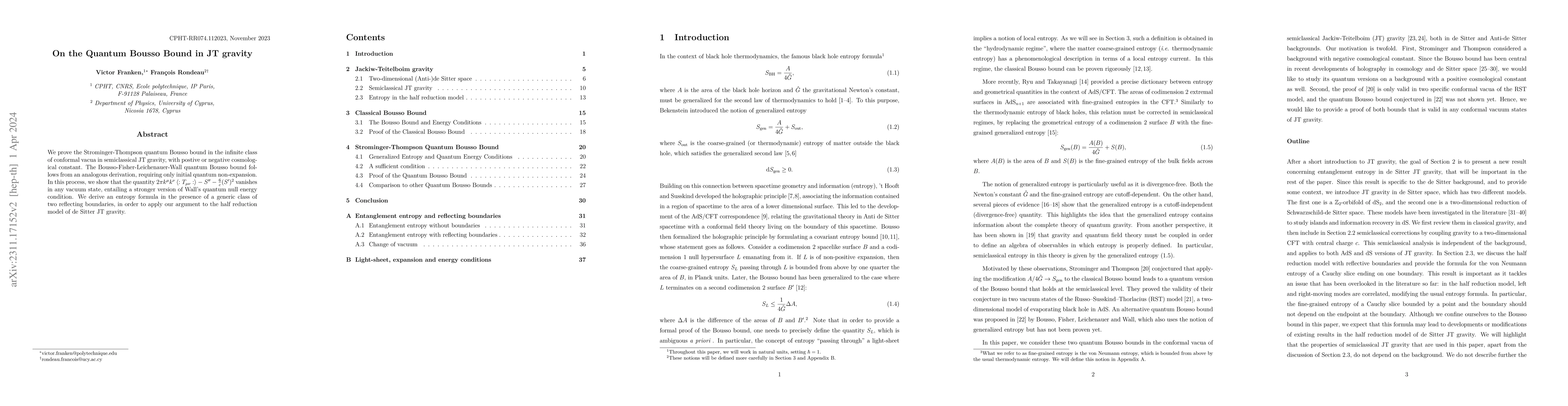 Thumbnail for On the Quantum Bousso Bound in JT gravity