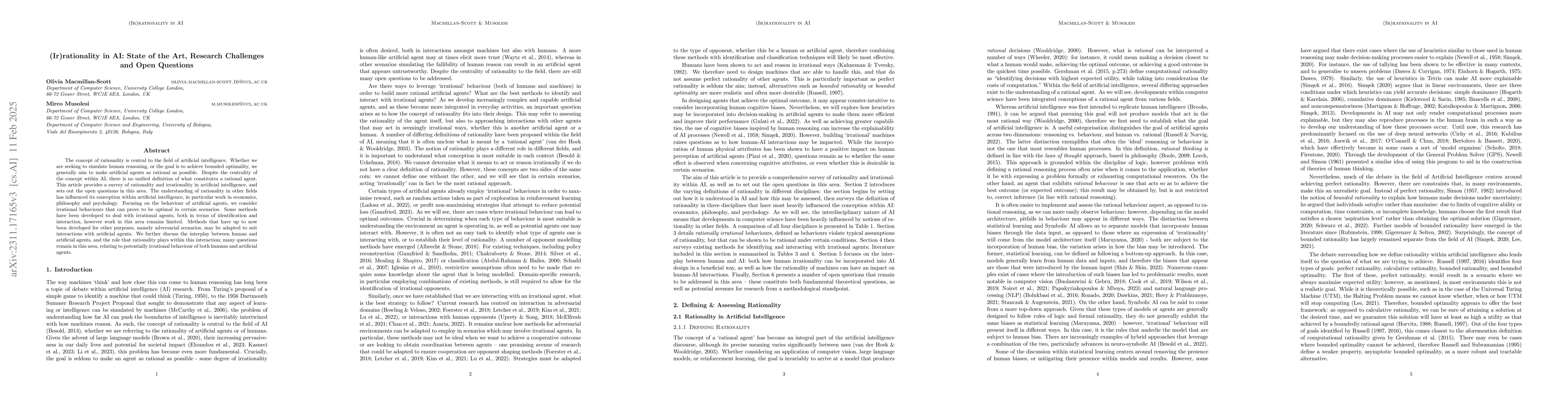 Thumbnail for (Ir)rationality in AI: State of the Art, Research Challenges and Open
  Questions