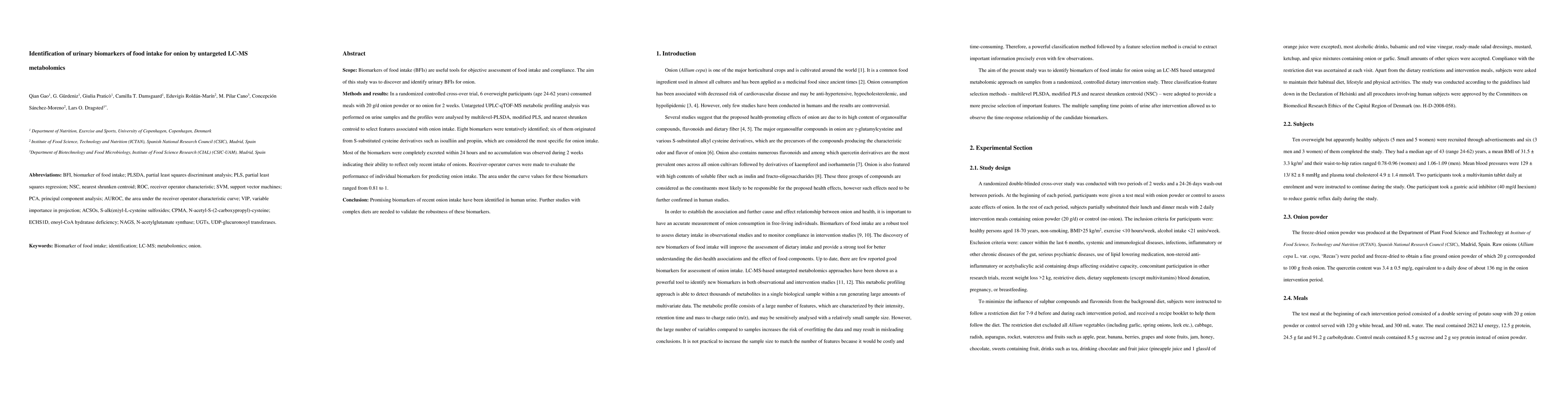 Thumbnail for Identification of urinary biomarkers of food intake for onion by
  untargeted LC-MS metabolomics