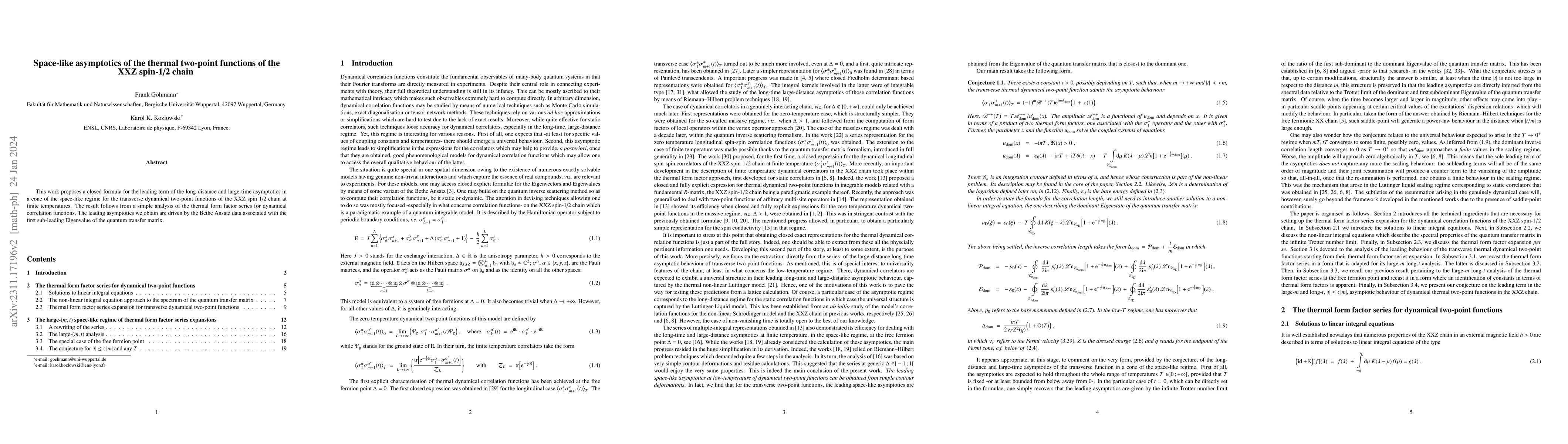 Thumbnail for Space-like asymptotics of the thermal two-point functions of the XXZ
  spin-1/2 chain