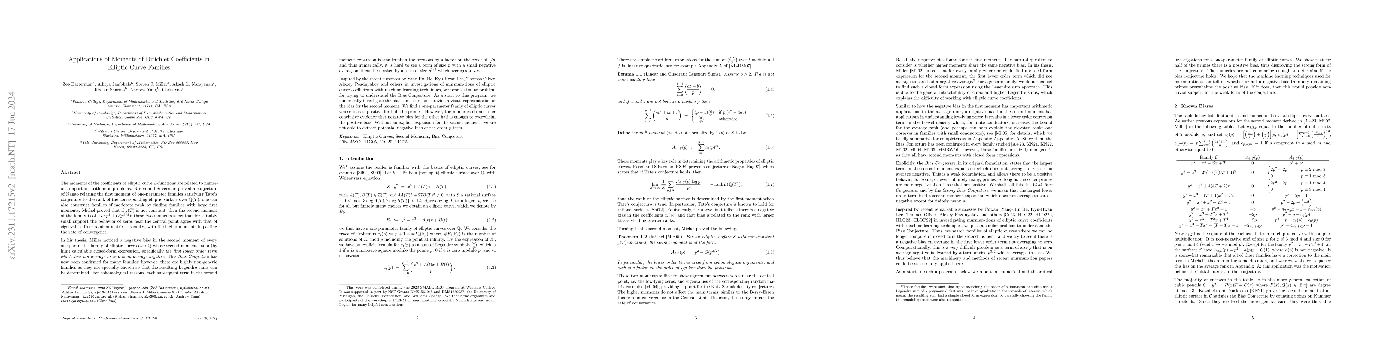 Thumbnail for Applications of Moments of Dirichlet Coefficients in Elliptic Curve
  Families