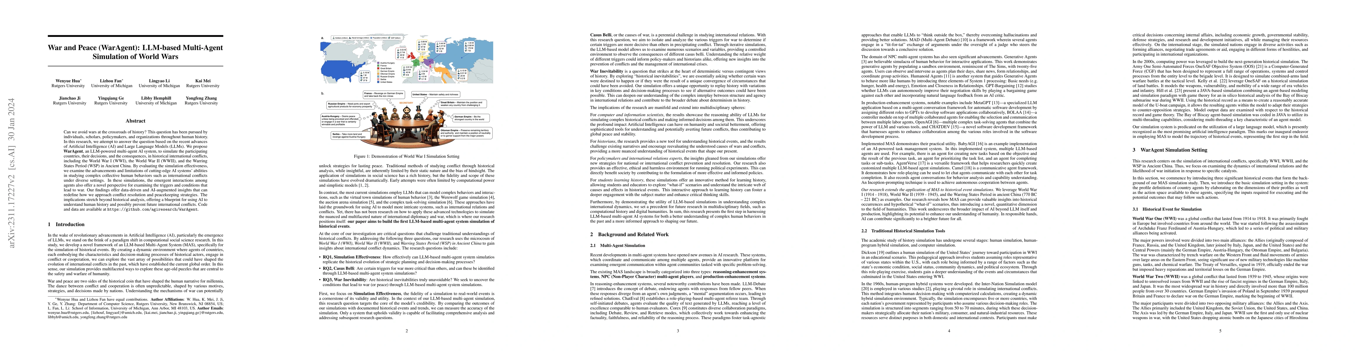 Thumbnail for War and Peace (WarAgent): Large Language Model-based Multi-Agent
  Simulation of World Wars