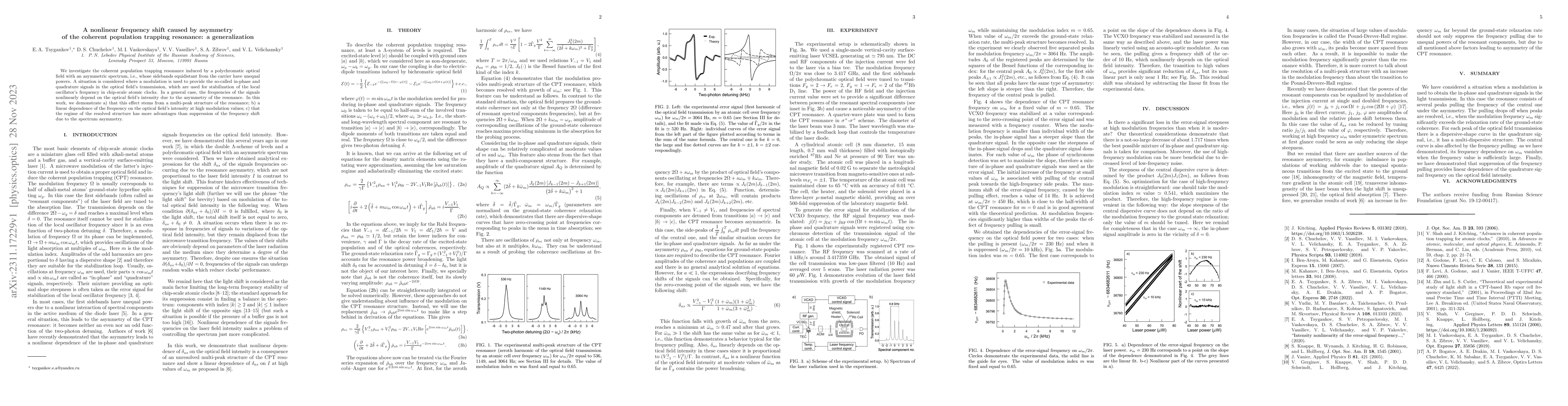 Thumbnail for A nonlinear frequency shift caused by asymmetry of the coherent
  population trapping resonance: a generalization
