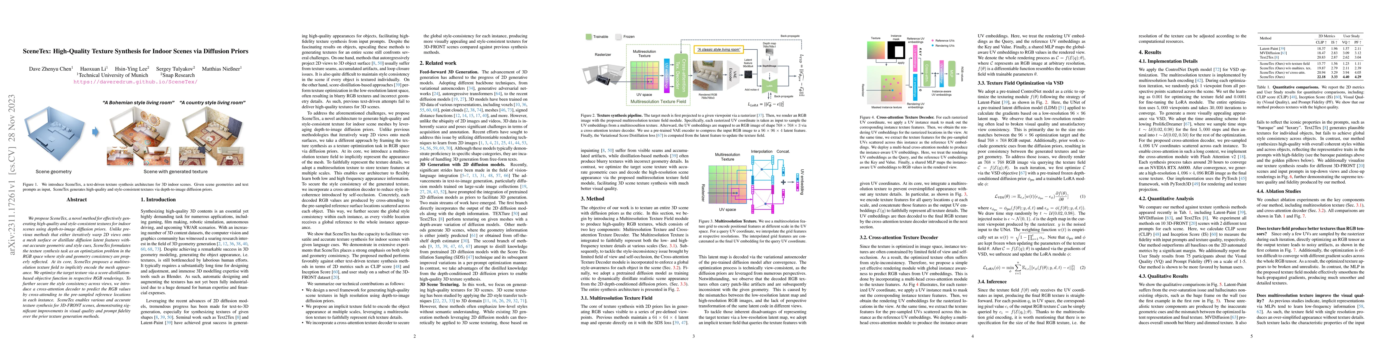 Thumbnail for SceneTex: High-Quality Texture Synthesis for Indoor Scenes via Diffusion
  Priors