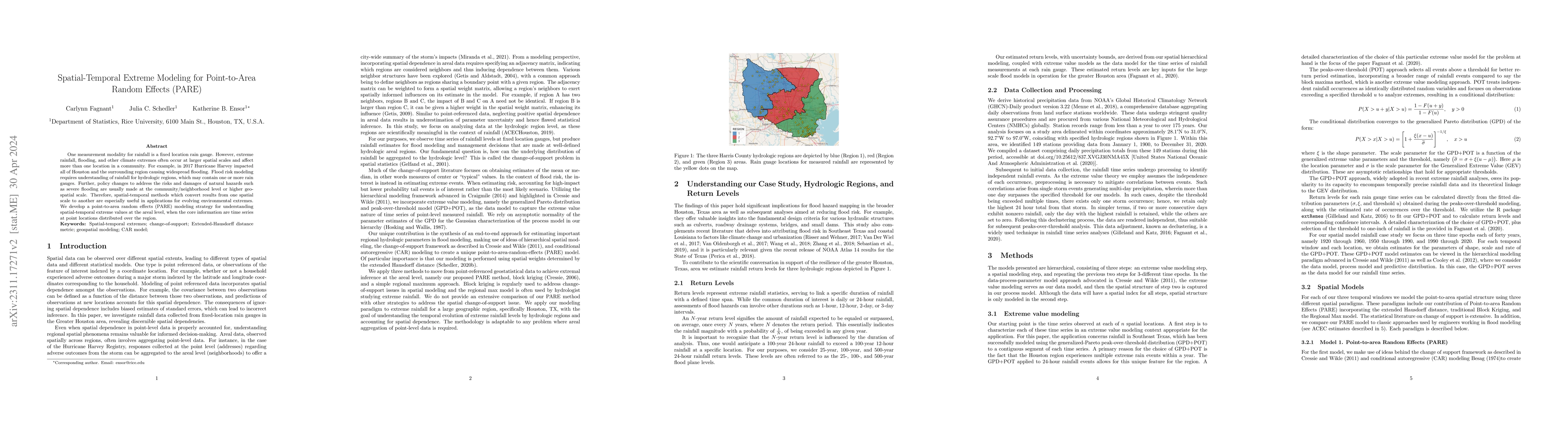 Thumbnail for Spatial-Temporal Extreme Modeling for Point-to-Area Random Effects
  (PARE)