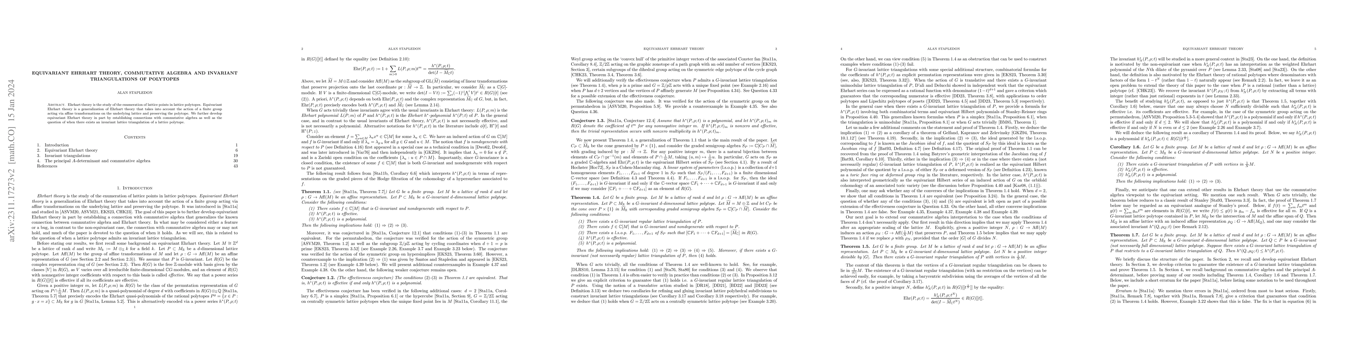 Thumbnail for Equivariant Ehrhart theory, commutative algebra and invariant
  triangulations of polytopes
