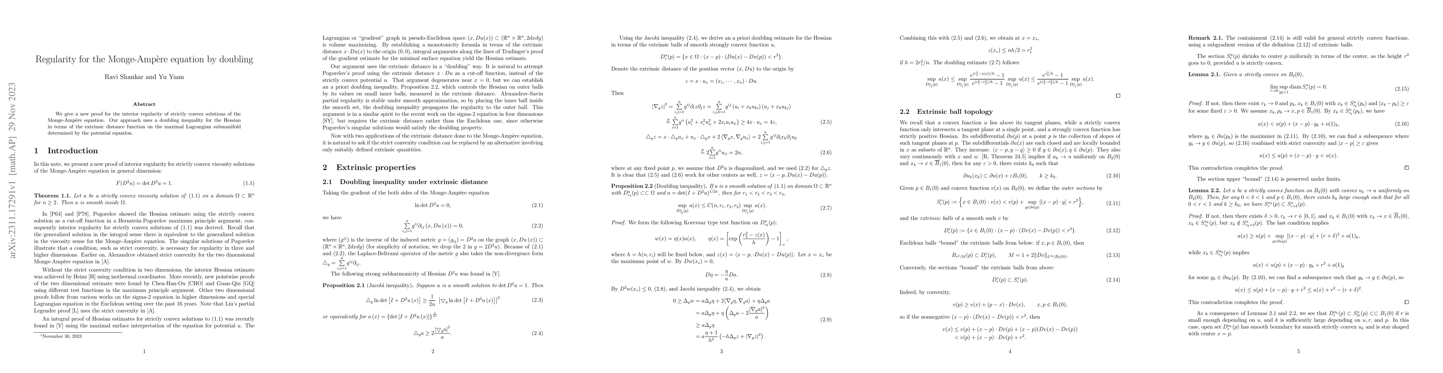 Thumbnail for Regularity for the Monge-Amp\`ere equation by doubling