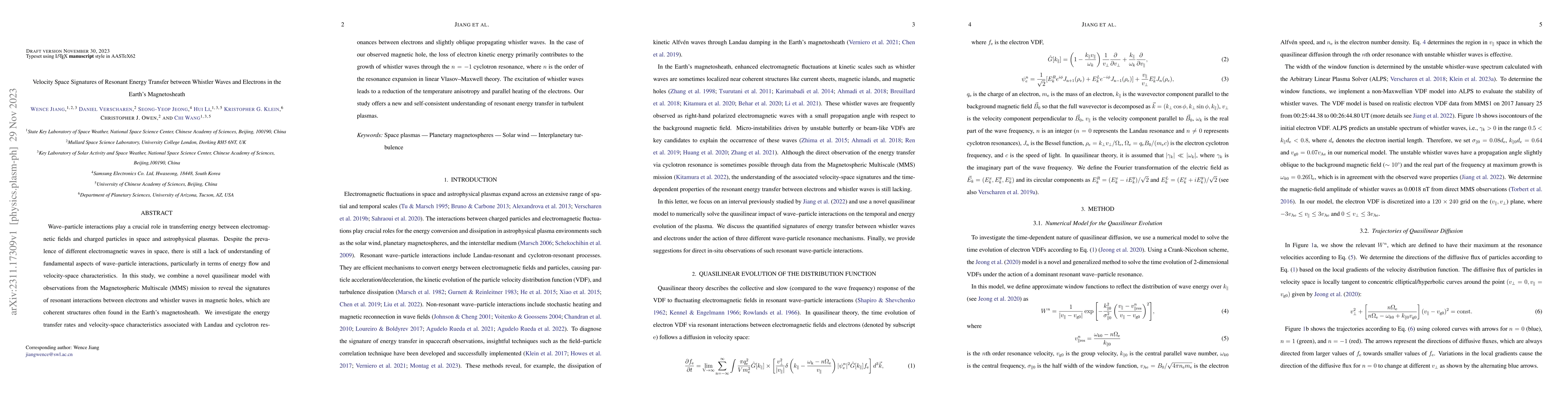 Thumbnail for Velocity Space Signatures of Resonant Energy Transfer between Whistler
  Waves and Electrons in the Earth's Magnetosheath