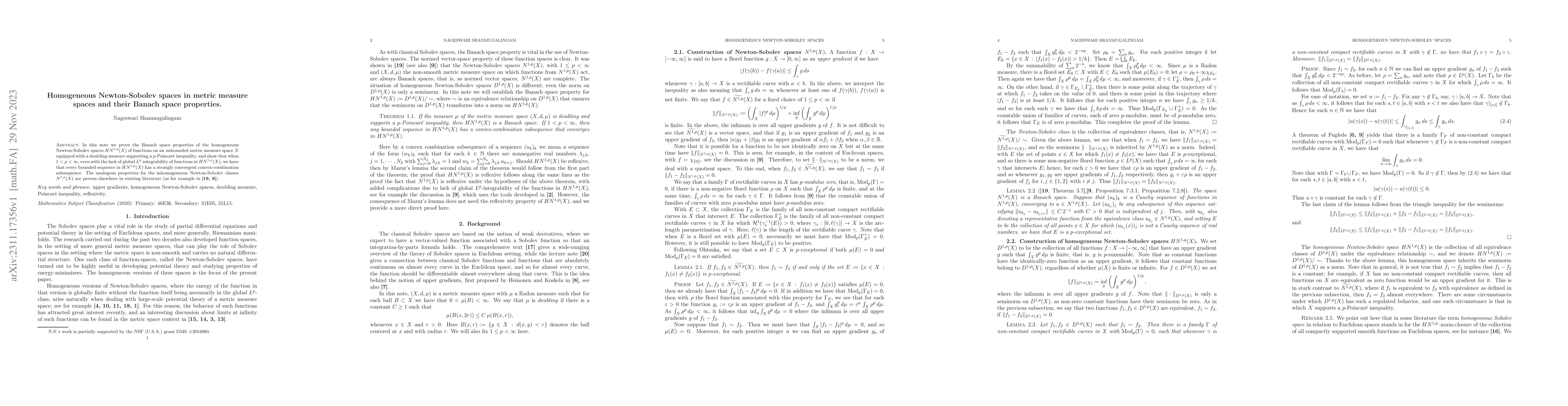 Thumbnail for Homogeneous Newton-Sobolev spaces in metric measure spaces and their
  Banach space properties