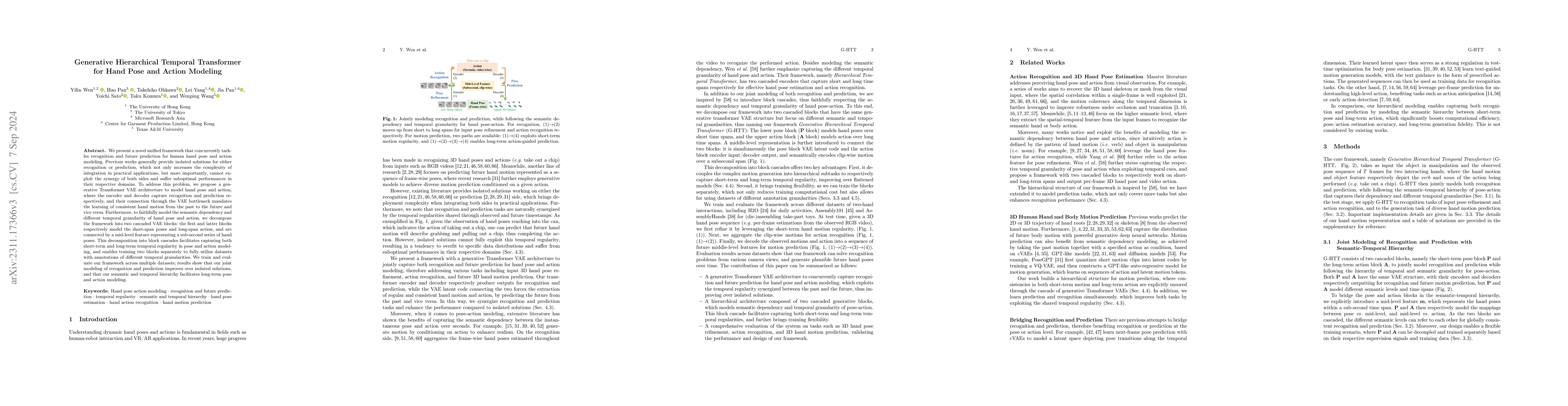 Thumbnail for Generative Hierarchical Temporal Transformer for Hand Action Recognition
  and Motion Prediction