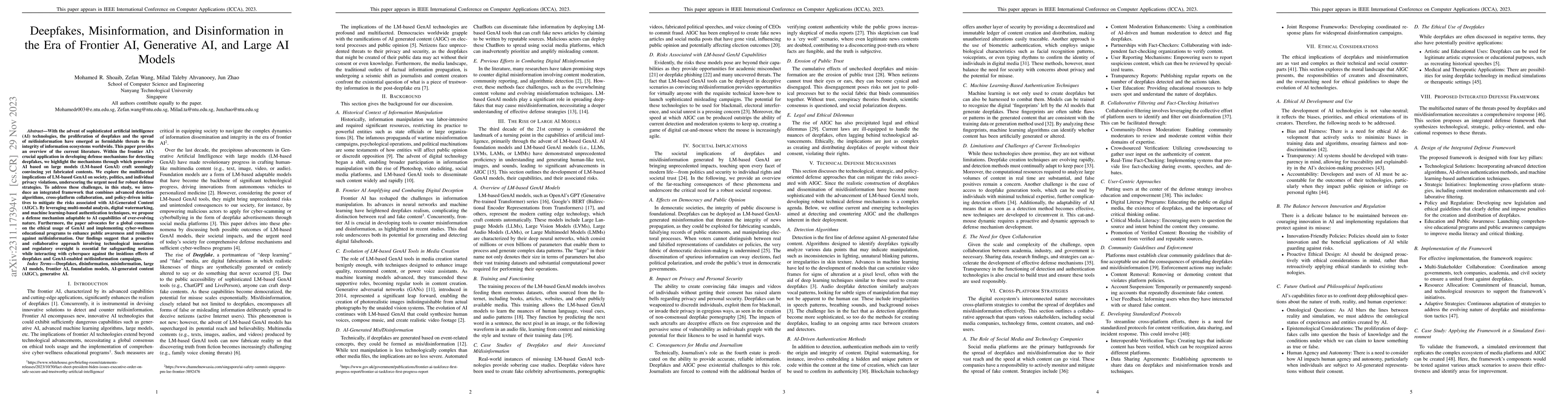 Thumbnail for Deepfakes, Misinformation, and Disinformation in the Era of Frontier AI,
  Generative AI, and Large AI Models