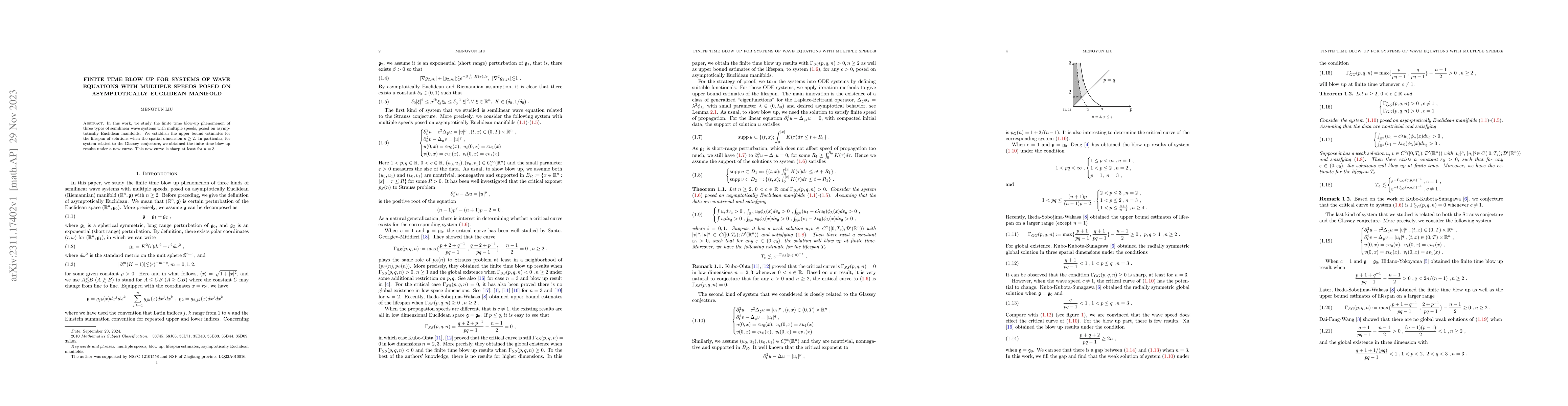Thumbnail for Finite time blow up for systems of wave equations with multiple speeds
  posed on asymptotically Euclidean manifold