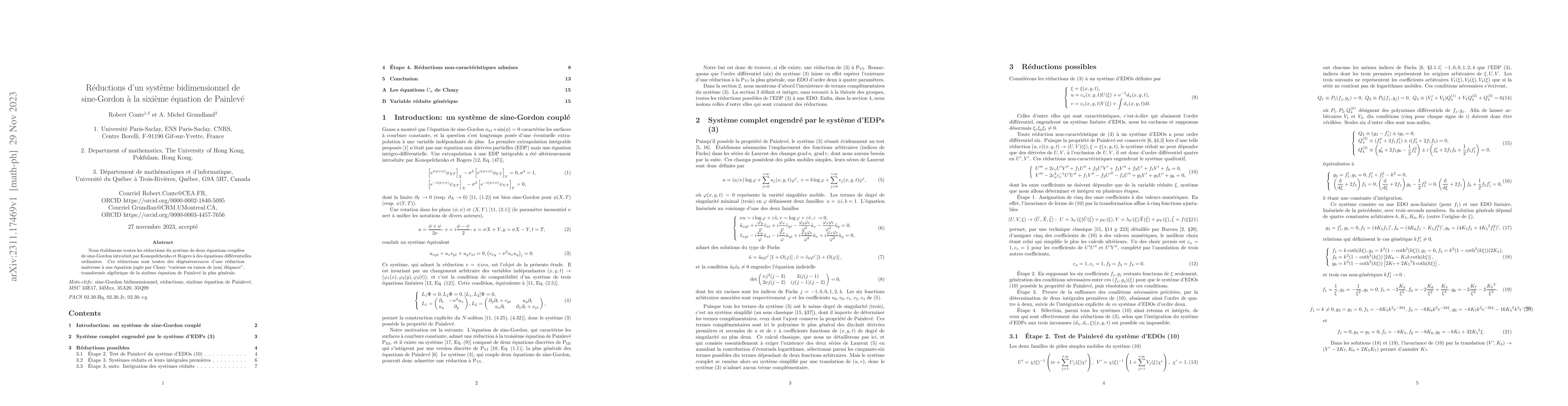 Thumbnail for R\'eductions d'un syst\`eme bidimensionnel de sine-Gordon \`a la
  sixi\`eme \'equation de Painlev\'e