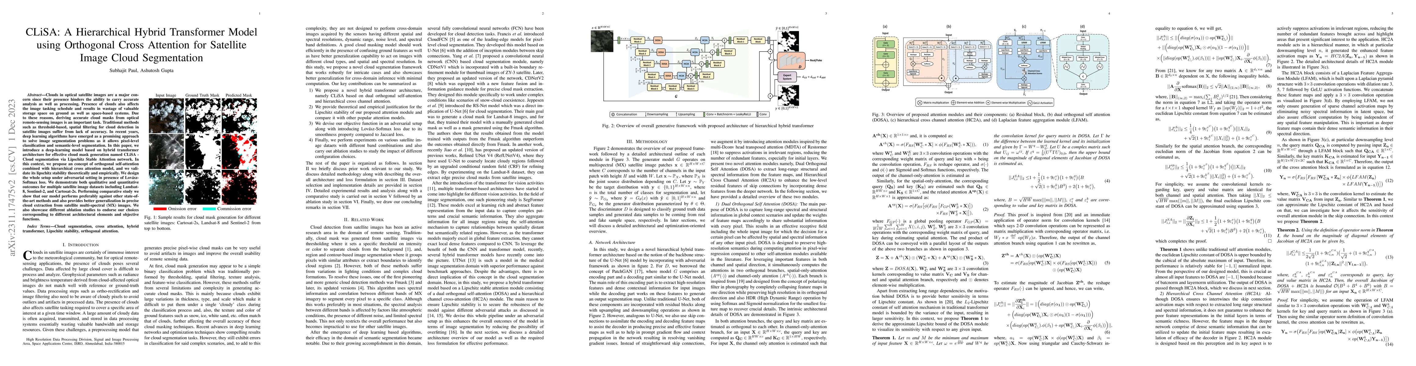 Thumbnail for CLiSA: A Hierarchical Hybrid Transformer Model using Orthogonal Cross
  Attention for Satellite Image Cloud Segmentation