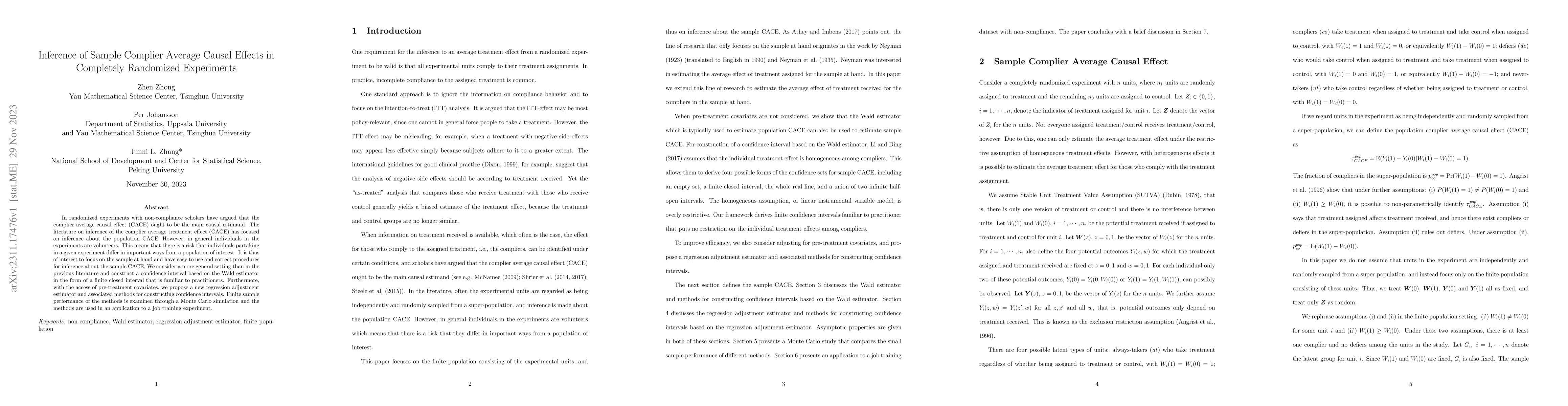 Thumbnail for Inference of Sample Complier Average Causal Effects in Completely
  Randomized Experiments