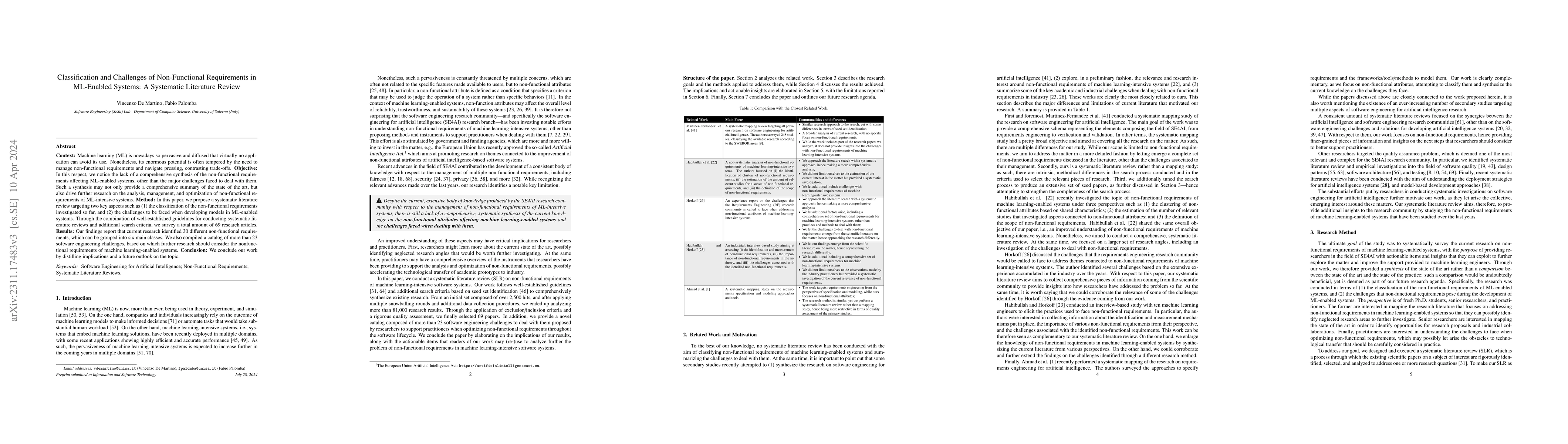 Thumbnail for Classification, Challenges, and Automated Approaches to Handle
  Non-Functional Requirements in ML-Enabled Systems: A Systematic Literature
  Review