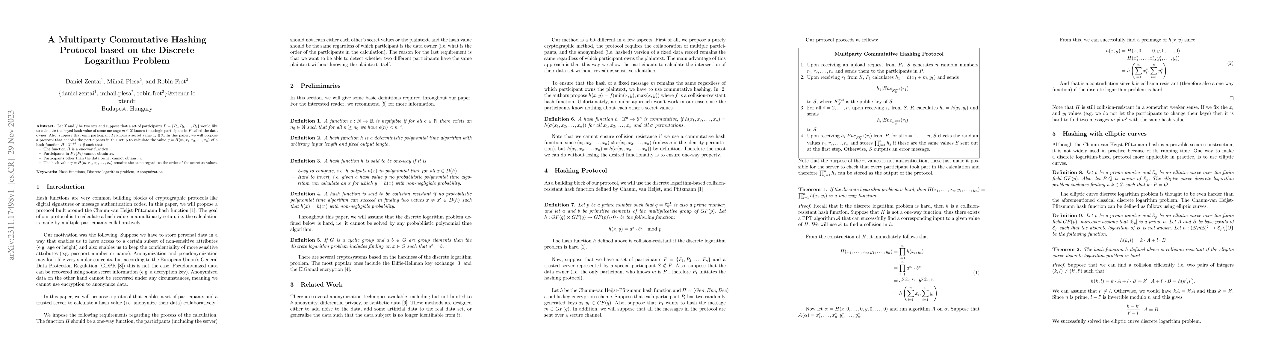Thumbnail for A Multiparty Commutative Hashing Protocol based on the Discrete
  Logarithm Problem