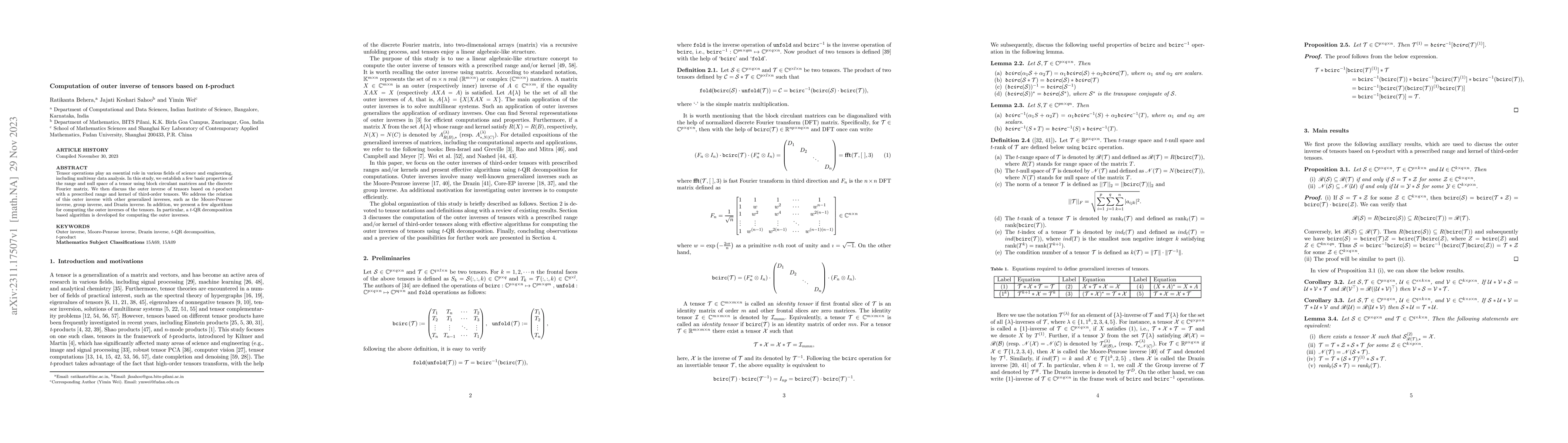 Thumbnail for Computation of outer inverse of tensors based on $t$-product