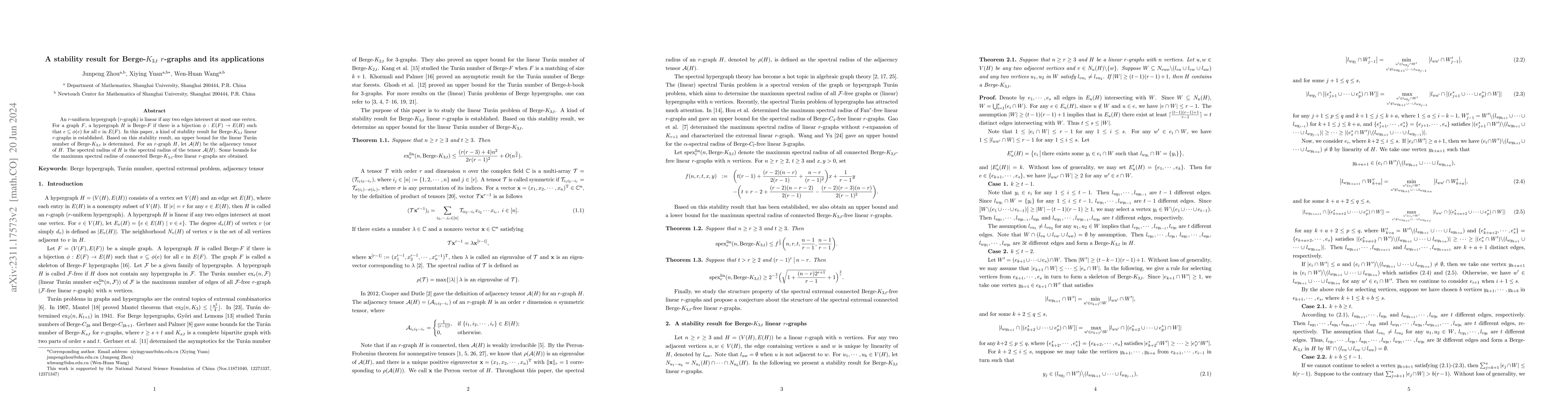 Thumbnail for A stability result for Berge-$K_{3,t}$ $r$-graphs and its applications