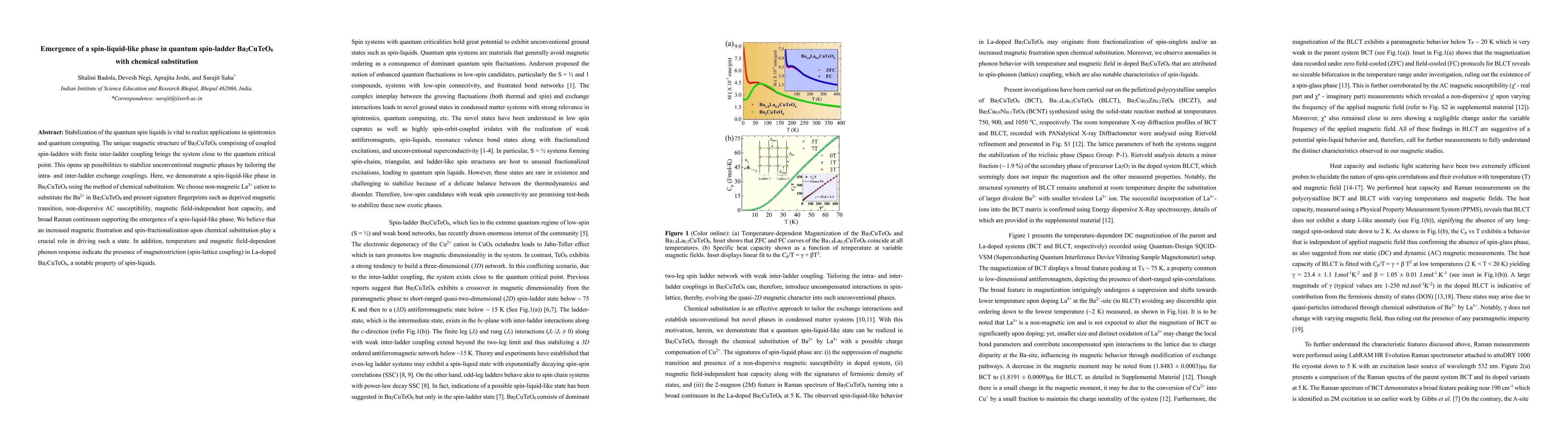 Thumbnail for Emergence of a spin-liquid-like phase in quantum spin-ladder Ba2CuTeO6
  with chemical substitution