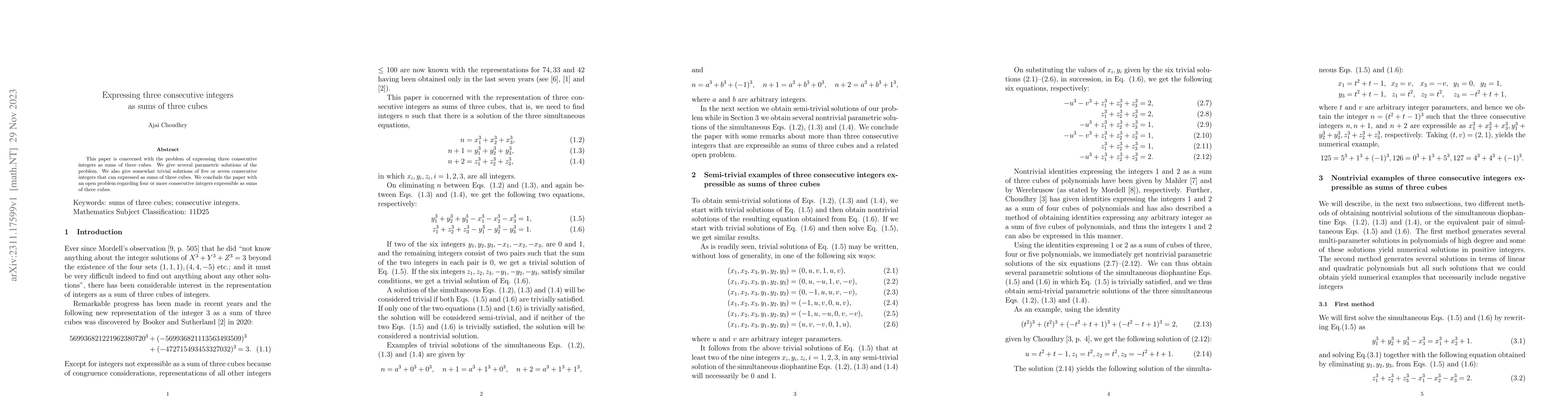 Thumbnail for Expressing three consecutive integers as sums of three cubes