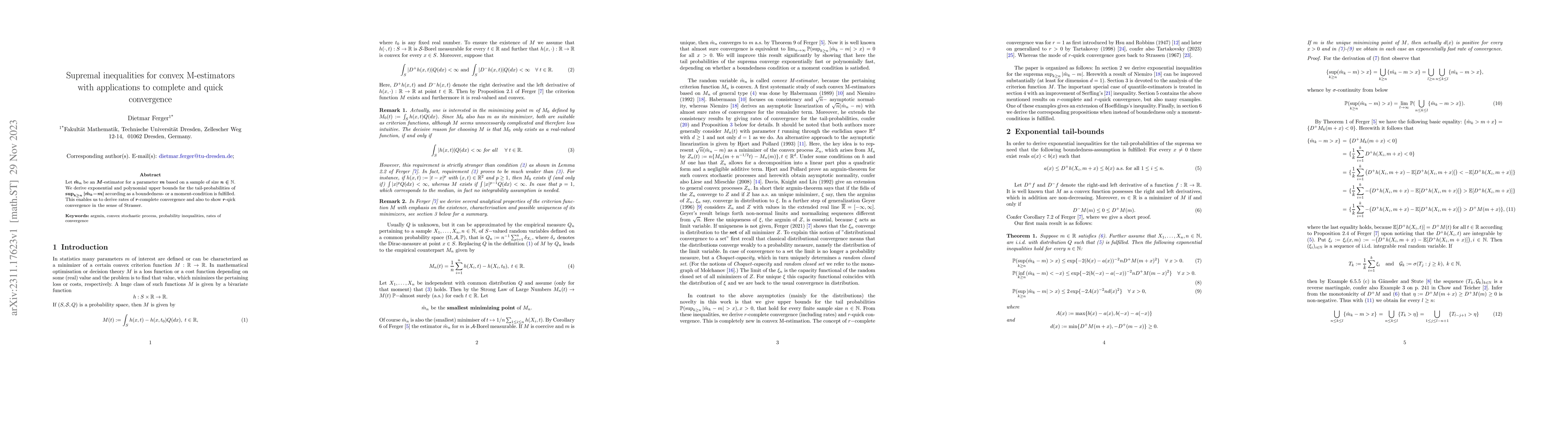 Thumbnail for Supremal inequalities for convex M-estimators with applications to
  complete and quick convergence