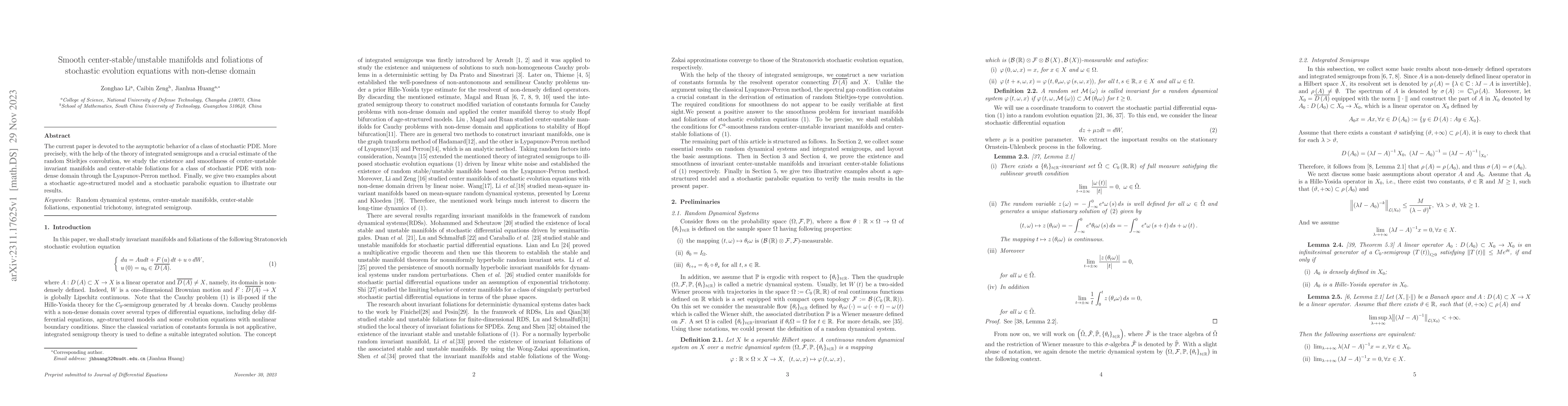 Thumbnail for Smooth center-stable/unstable manifolds and foliations of stochastic
  evolution equations with non-dense domain