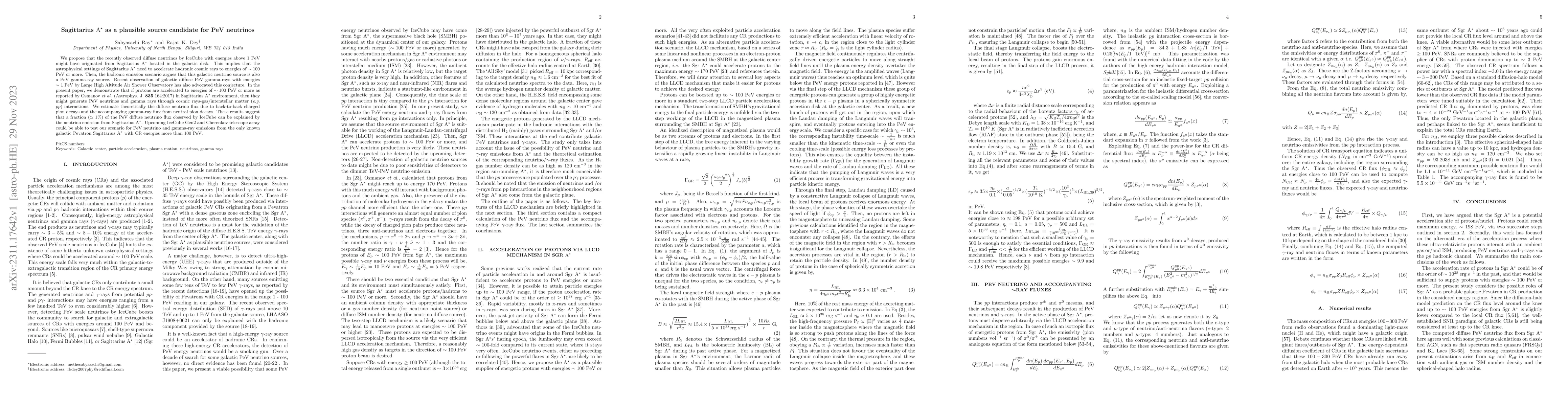 Thumbnail for Sagittarius $\mathrm{A}^{\star}$ as a plausible source candidate for PeV
  neutrinos