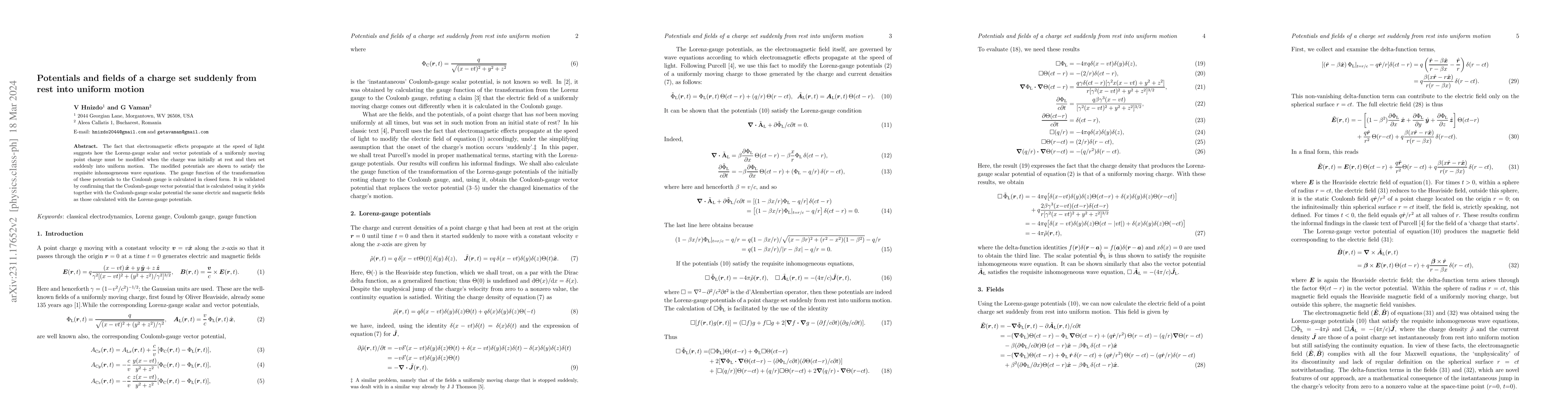 Thumbnail for Potentials and fields of a charge set suddenly from rest into uniform
  motion