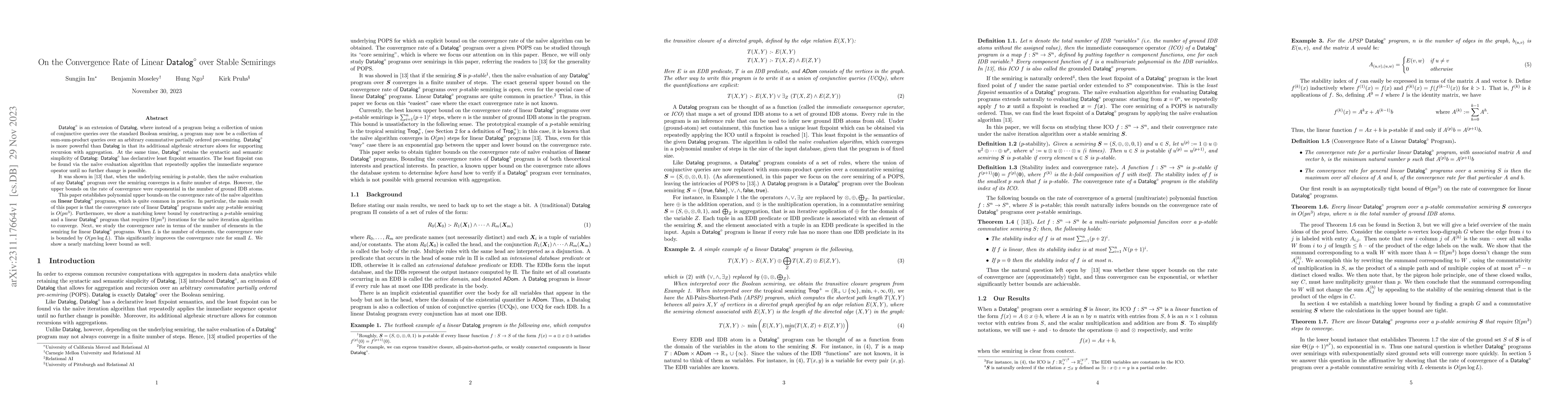 Thumbnail for On the Convergence Rate of Linear Datalogo over Stable Semirings