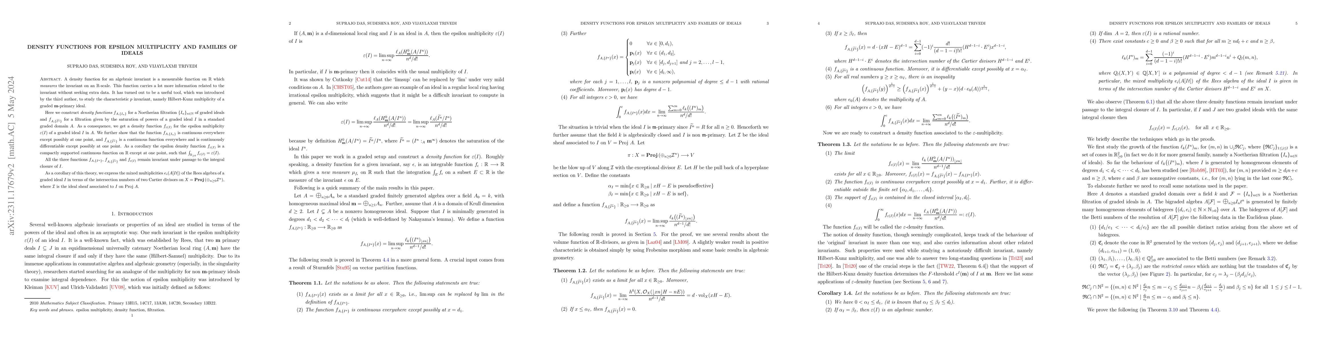 Thumbnail for Density functions for epsilon multiplicity and families of ideals