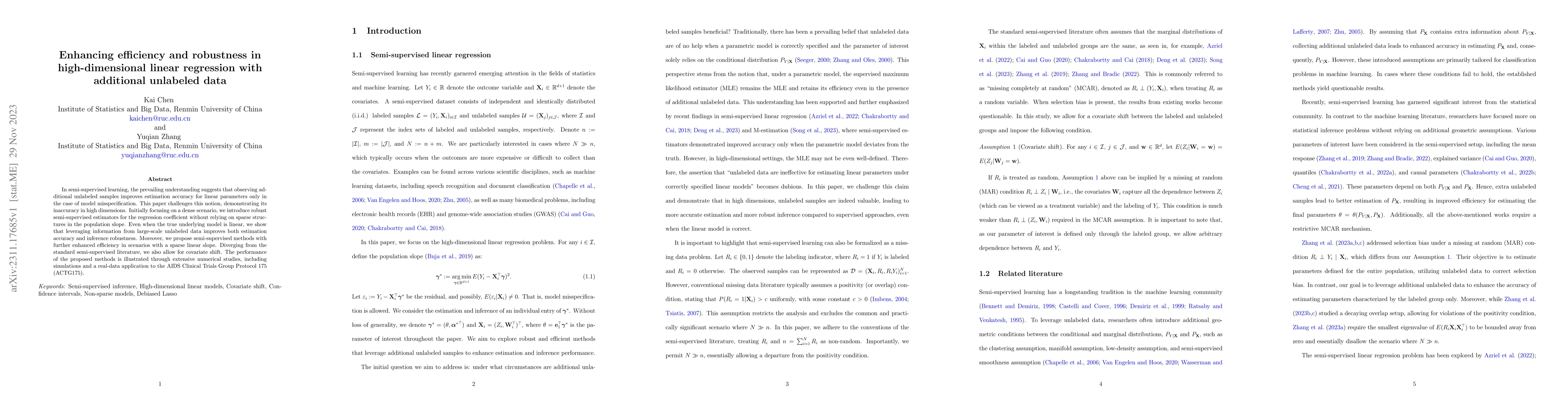Thumbnail for Enhancing efficiency and robustness in high-dimensional linear
  regression with additional unlabeled data