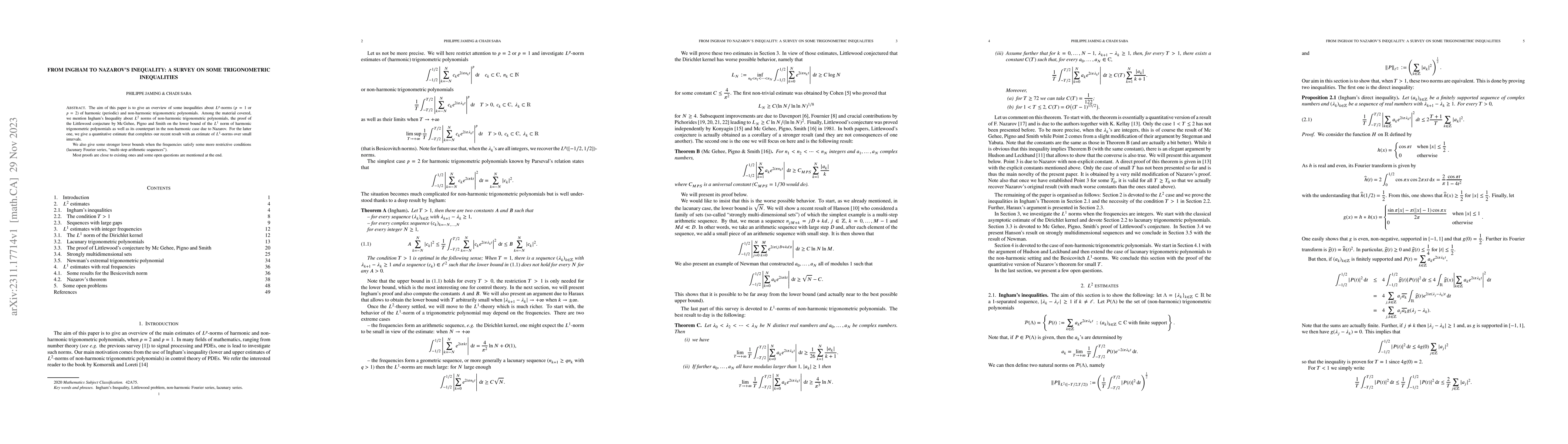 Thumbnail for From Ingham to Nazarov's inequality: a survey on some trigonometric
  inequalities