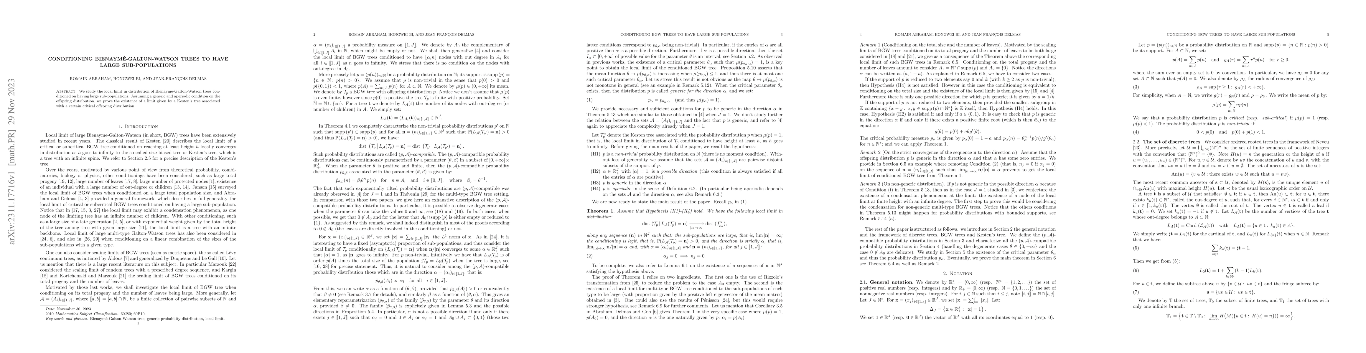 Thumbnail for Conditioning Bienaym{\'e}-Galton-Watson trees to have large
  sub-populations