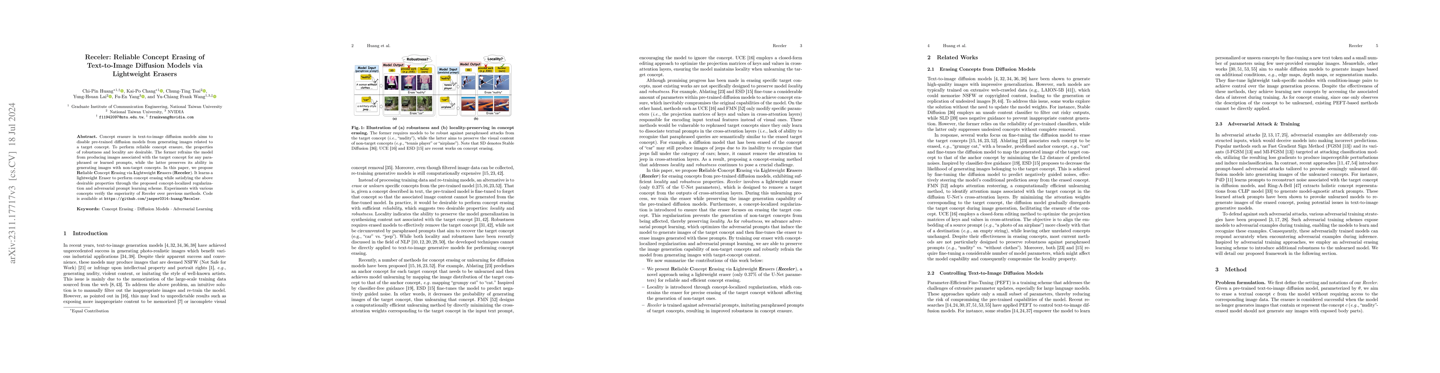 Thumbnail for Receler: Reliable Concept Erasing of Text-to-Image Diffusion Models via
  Lightweight Erasers