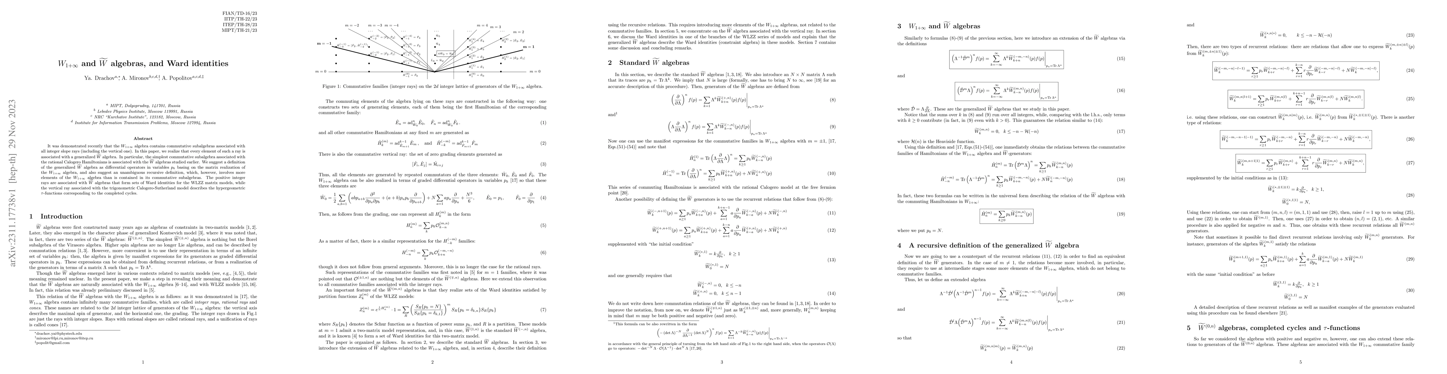 Thumbnail for $W_{1+\infty}$ and $\widetilde W$ algebras, and Ward identities