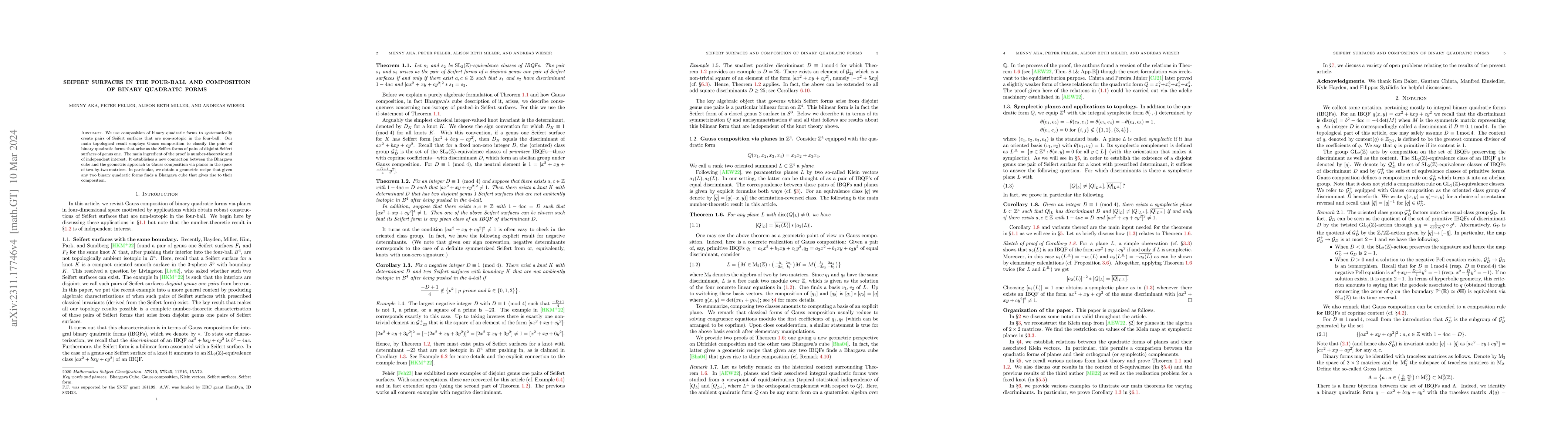 Thumbnail for Seifert surfaces in the four-ball and composition of binary quadratic
  forms