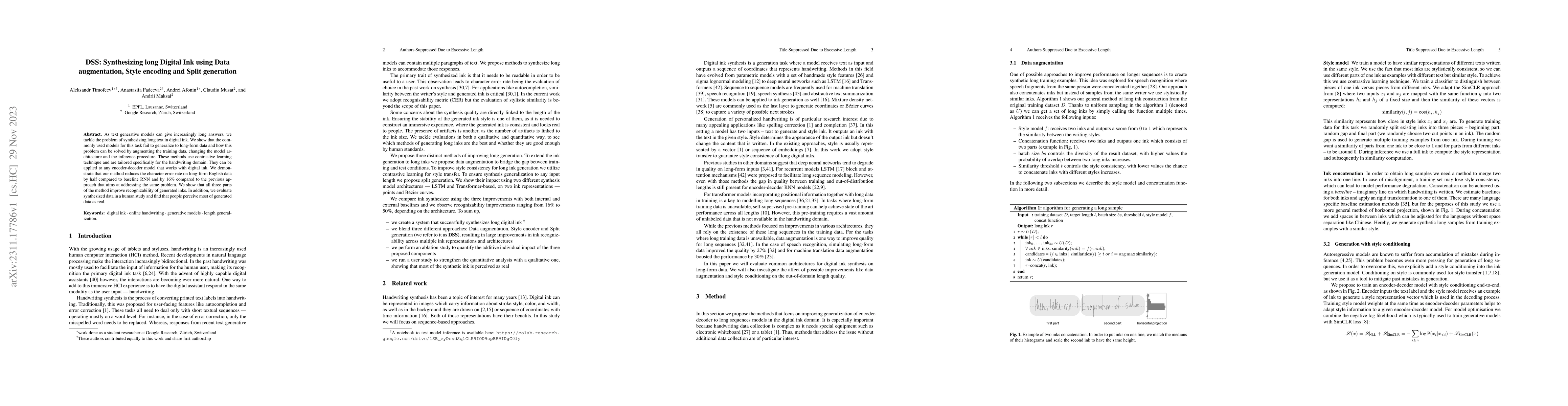 Thumbnail for DSS: Synthesizing long Digital Ink using Data augmentation, Style
  encoding and Split generation