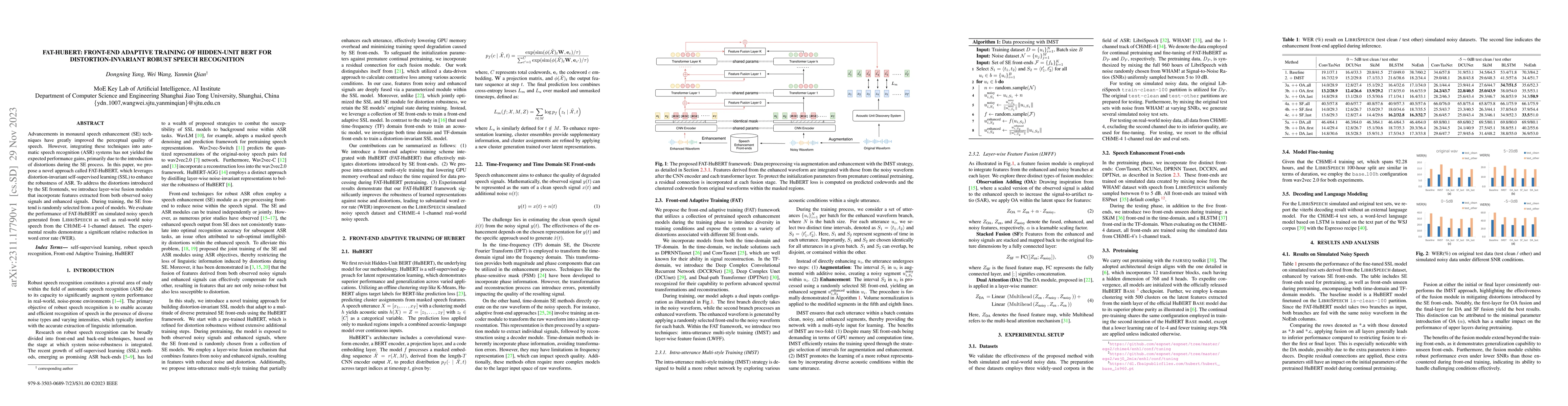 Thumbnail for FAT-HuBERT: Front-end Adaptive Training of Hidden-unit BERT for
  Distortion-Invariant Robust Speech Recognition