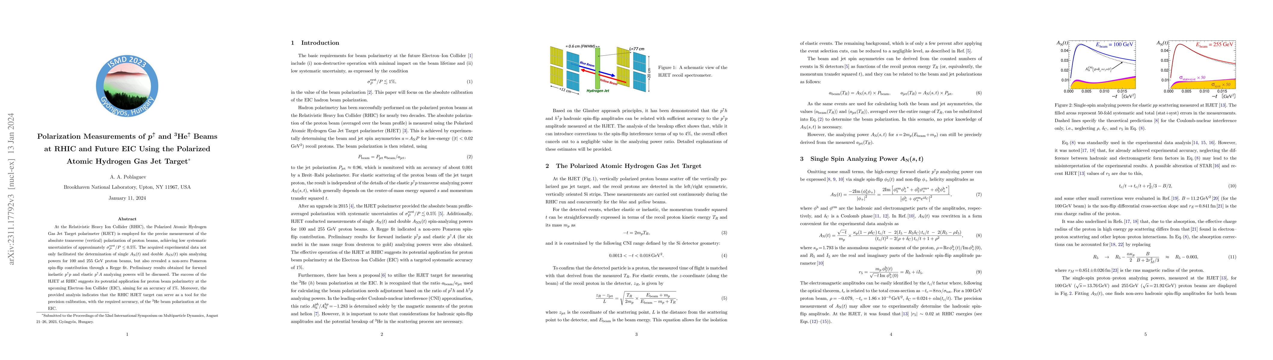 Thumbnail for Polarization Measurements of $p^{\uparrow}$ and $^3$He$^\uparrow$ Beams
  at RHIC and Future EIC Using the Polarized Atomic Hydrogen Gas Jet Target